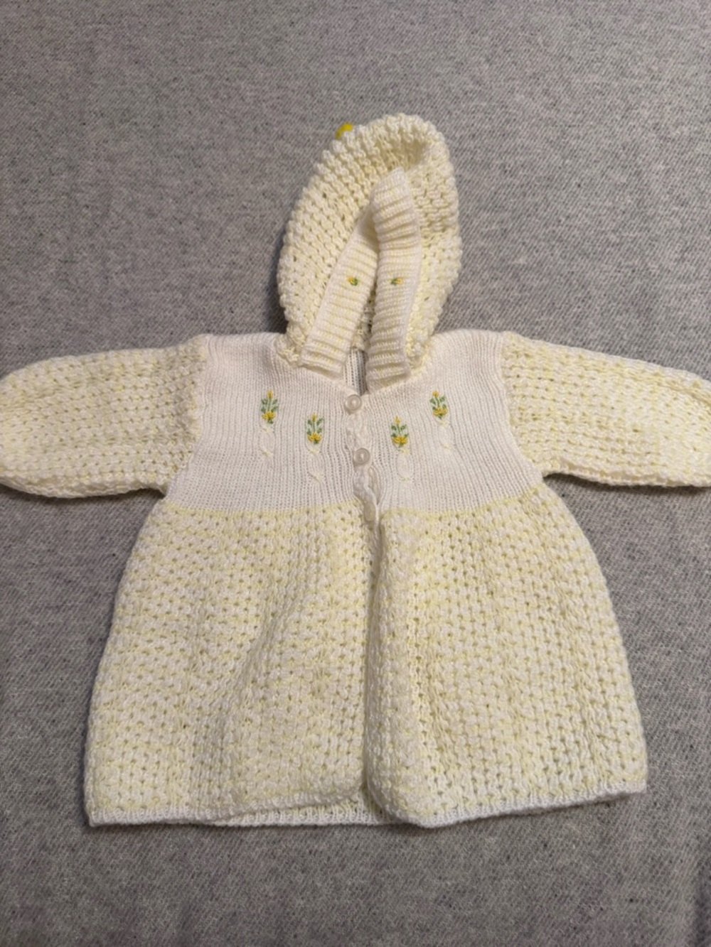 Cream Knit Hooded Baby Sweater with Yellow Embroidery